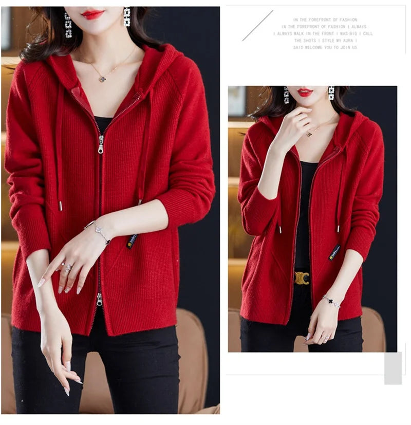 Women Knitted Sweater Cardigan Jacket 2025 New Solid Hooded Zipper Sweater Coat Female Knitwear Casual Tops Female Jackets