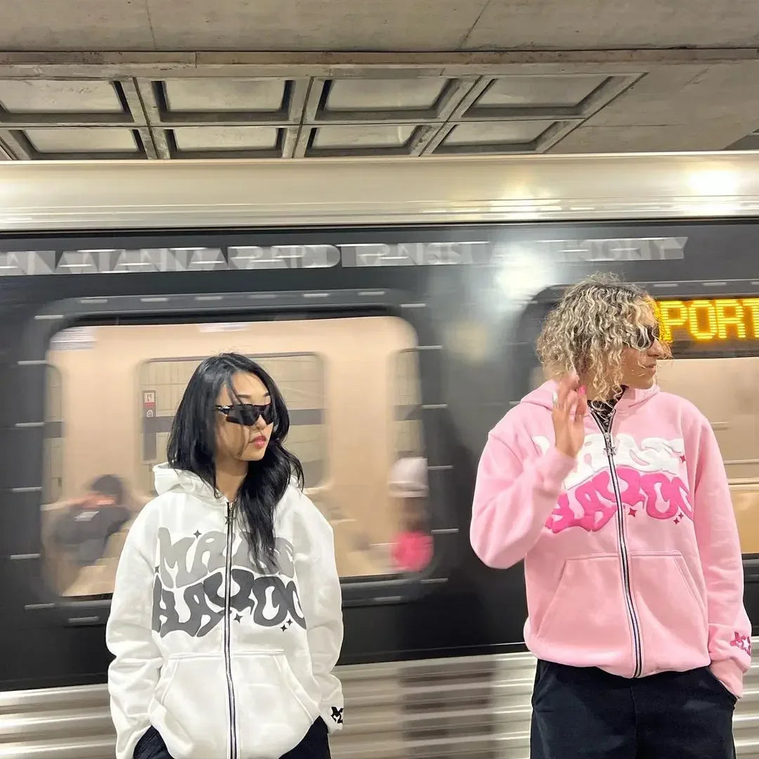 Vintage woman’s Zip-Up Hoodie – Retro Y2K Unisex Oversized Sweatshirt with Foam Letter Design