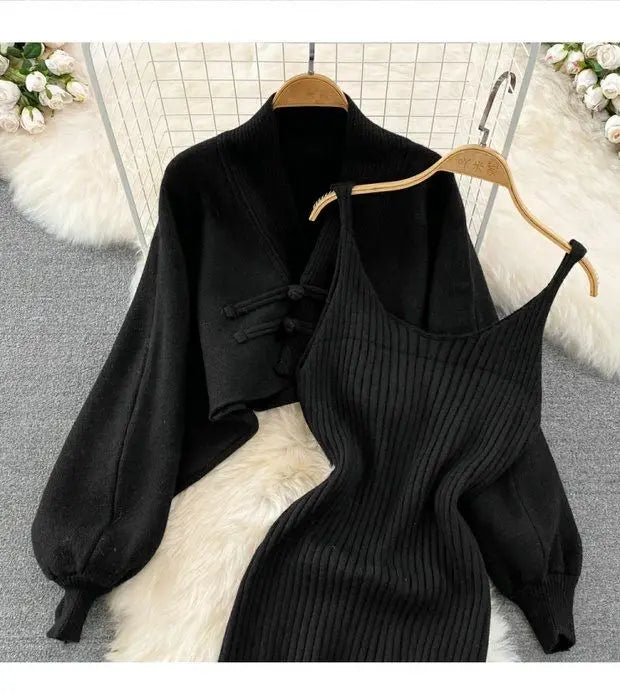 Solid Color Knitwear Set Lace up New Chinese Knitted Cardigan Women Sweater Coat Camisole Dress Two Piece Set Women Outfits