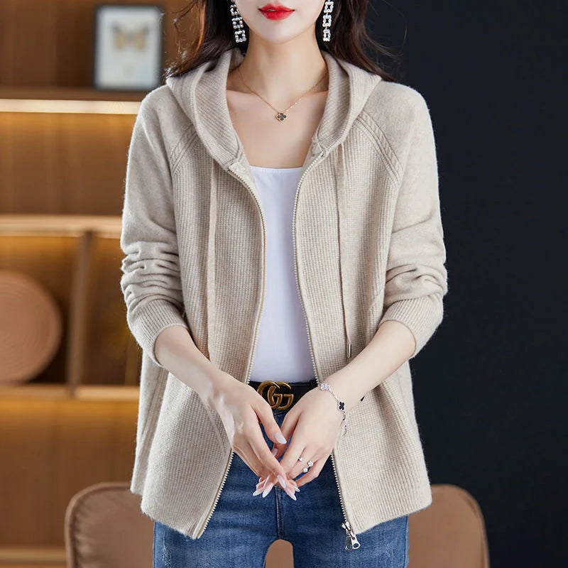Women Knitted Sweater Cardigan Jacket 2025 New Solid Hooded Zipper Sweater Coat Female Knitwear Casual Tops Female Jackets