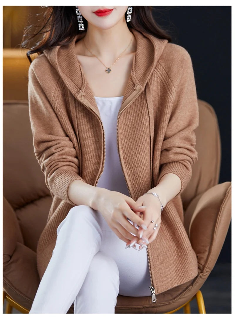 Women Knitted Sweater Cardigan Jacket 2025 New Solid Hooded Zipper Sweater Coat Female Knitwear Casual Tops Female Jackets