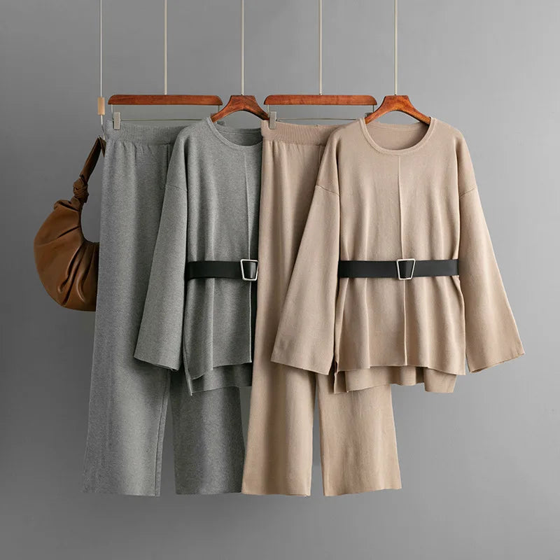 SINGREINY Autumn Fashion Knit Loose Suits Women O Neck Belt Design Pullovers+Wide Legs Long Pants Winter Causal Thick 2PC Set