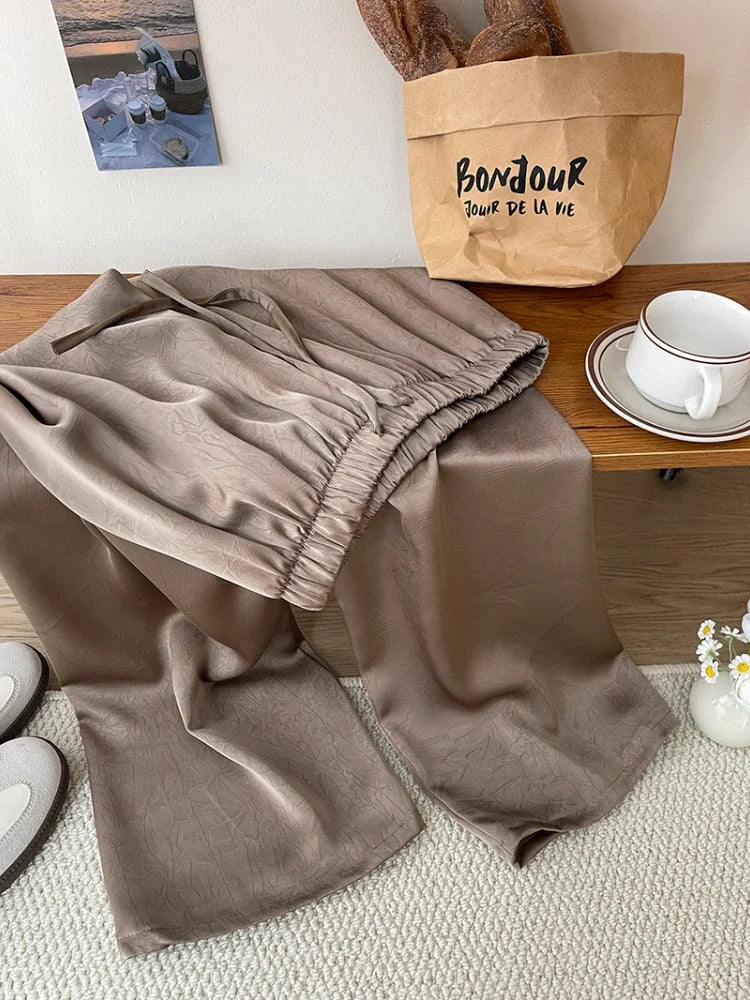 Spring Summer Satin Straight Trousers Fashion High Waist Acetic Acid Women's Pants Loose Casual Wide-leg Pants Women's