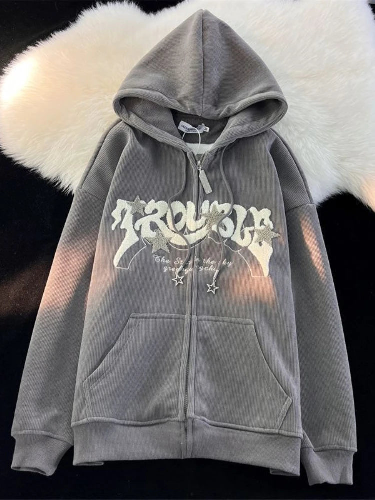 Y2k Zip Up Hoodie Women Autumn Retro Embroidered Letter Loose Long Sleeve Tops 2025 Casual Hooded Sweatshirts Harajuku Jackets