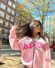 Vintage woman’s Zip-Up Hoodie – Retro Y2K Unisex Oversized Sweatshirt with Foam Letter Design