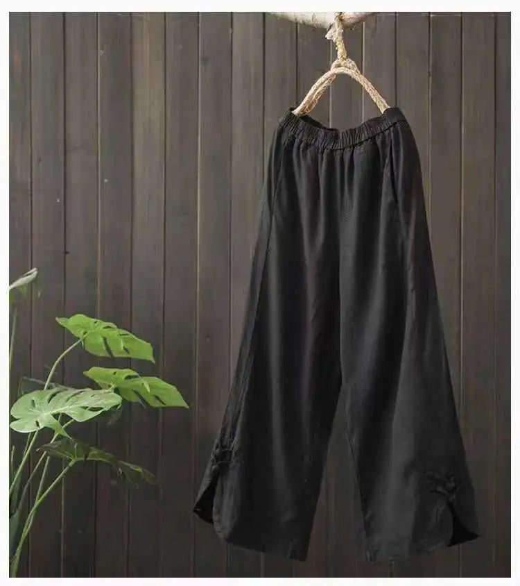 Cotton Linen Elastic Waist Wide Leg  Women Summer High Waist Vintage Loose Slimming Nine-Minute Pants Ethnic Style