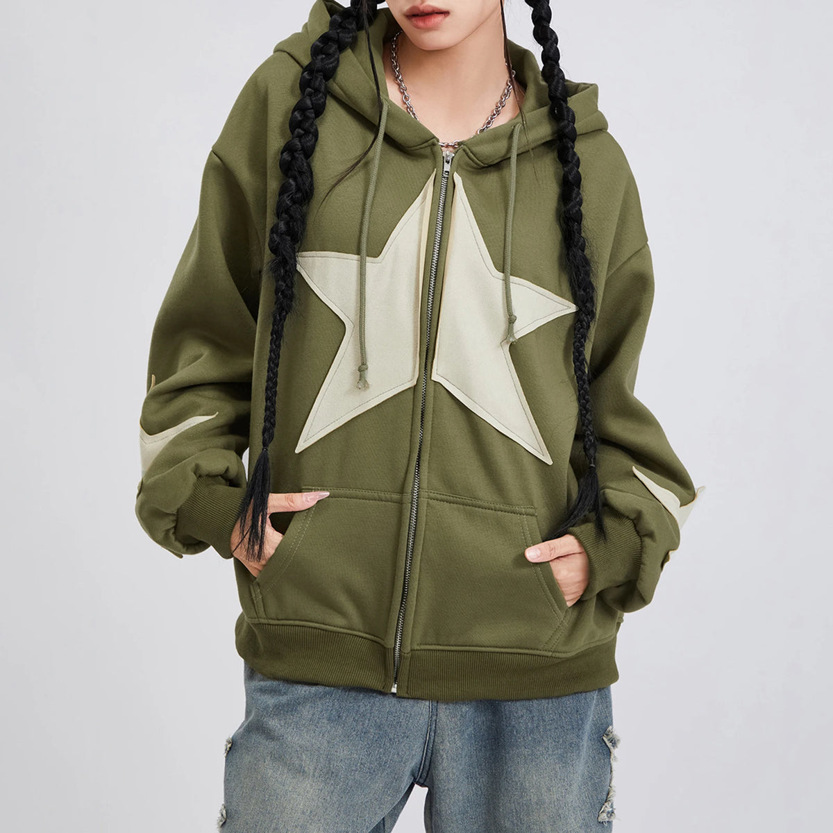 Vintage Star Print Women’s Zip-Up Hoodie – Harajuku Streetwear Outerwear