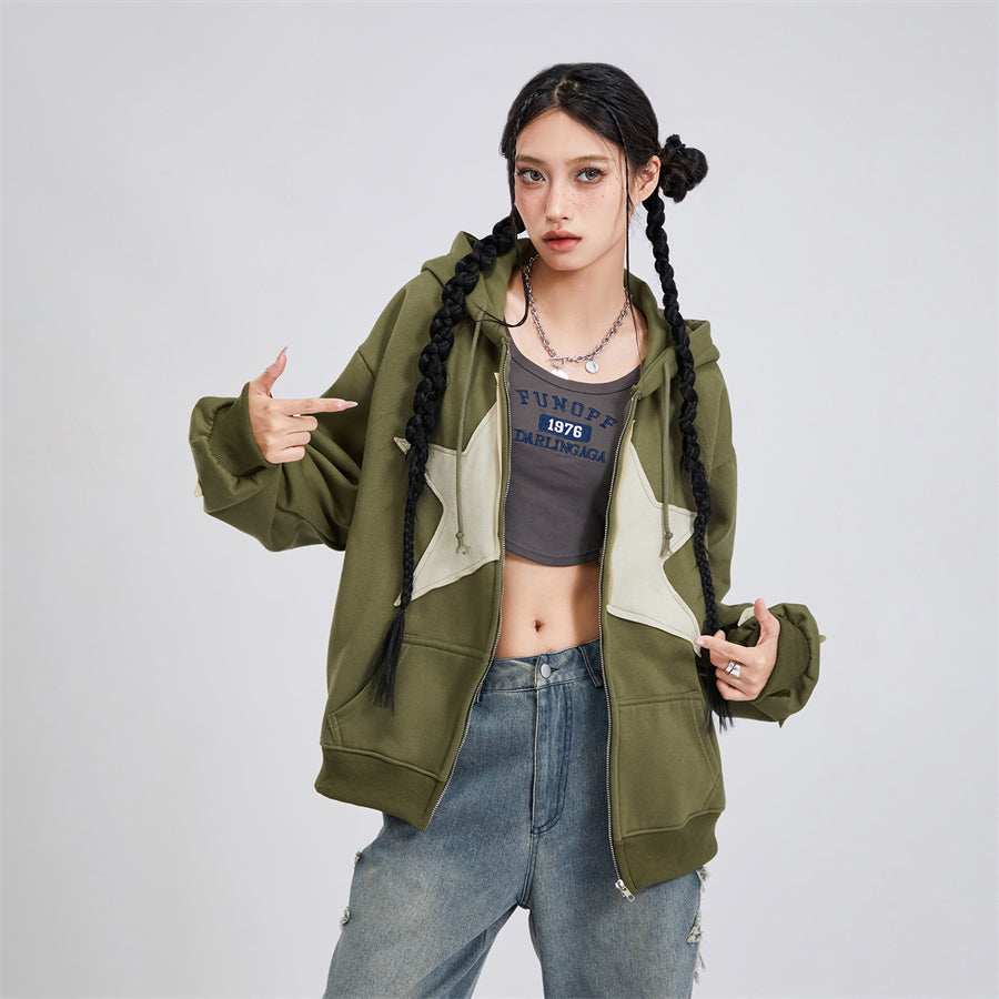Vintage Star Print Women’s Zip-Up Hoodie – Harajuku Streetwear Outerwear