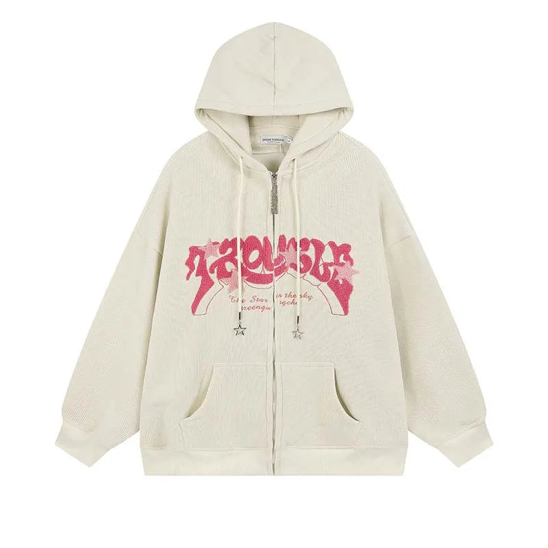 Y2k Zip Up Hoodie Women Autumn Retro Embroidered Letter Loose Long Sleeve Tops 2025 Casual Hooded Sweatshirts Harajuku Jackets