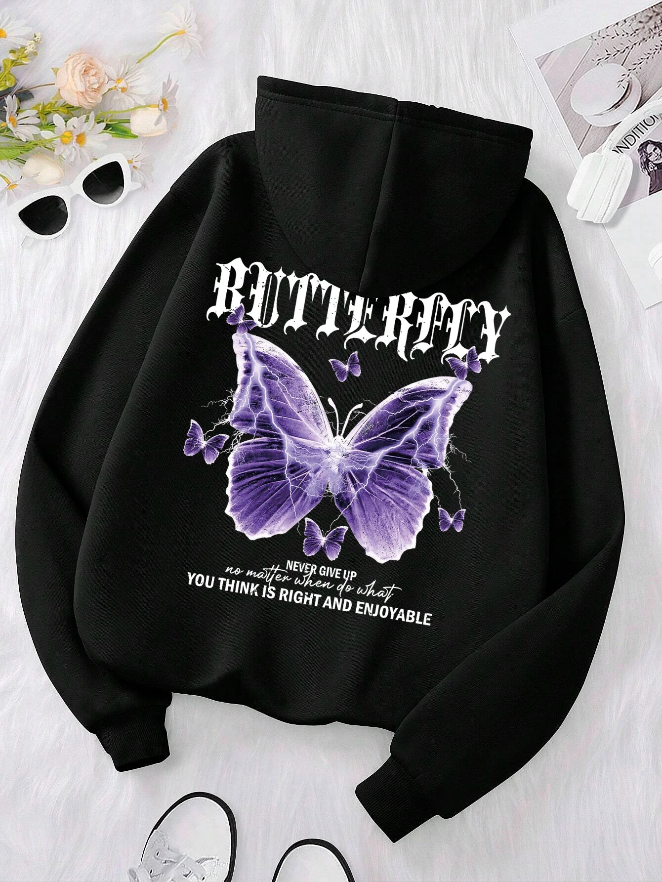 Purple Butterfly Print Hoodie – Women’s Fleece Pullover with Pocket | Casual Autumn Streetwear