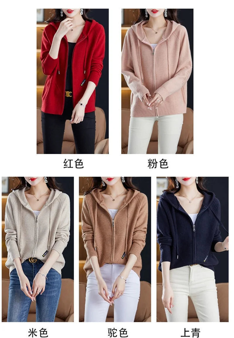 Women Knitted Sweater Cardigan Jacket 2025 New Solid Hooded Zipper Sweater Coat Female Knitwear Casual Tops Female Jackets