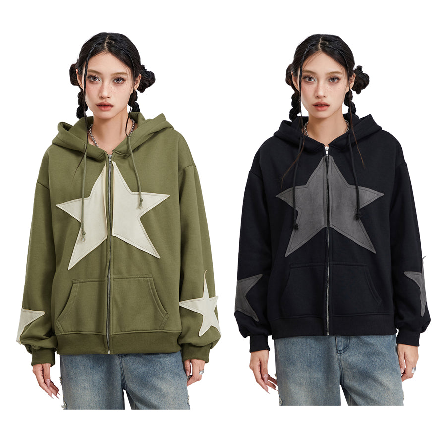 Vintage Star Print Women’s Zip-Up Hoodie – Harajuku Streetwear Outerwear