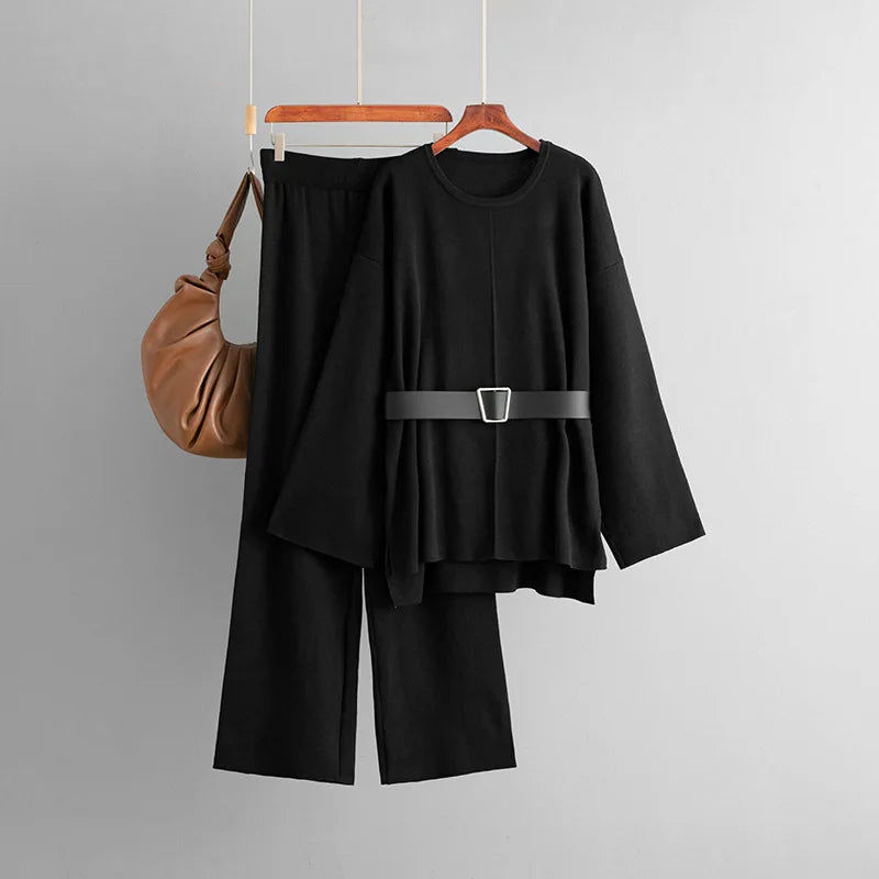 SINGREINY Autumn Fashion Knit Loose Suits Women O Neck Belt Design Pullovers+Wide Legs Long Pants Winter Causal Thick 2PC Set
