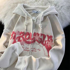 Y2k Zip Up Hoodie Women Autumn Retro Embroidered Letter Loose Long Sleeve Tops 2025 Casual Hooded Sweatshirts Harajuku Jackets