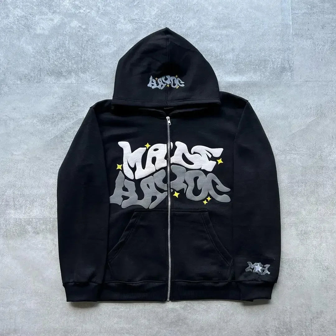 Vintage woman’s Zip-Up Hoodie – Retro Y2K Unisex Oversized Sweatshirt with Foam Letter Design