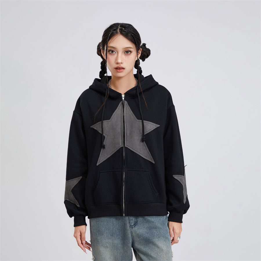 Vintage Star Print Women’s Zip-Up Hoodie – Harajuku Streetwear Outerwear