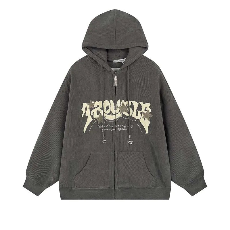 Y2k Zip Up Hoodie Women Autumn Retro Embroidered Letter Loose Long Sleeve Tops 2025 Casual Hooded Sweatshirts Harajuku Jackets