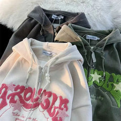 Y2k Zip Up Hoodie Women Autumn Retro Embroidered Letter Loose Long Sleeve Tops 2025 Casual Hooded Sweatshirts Harajuku Jackets