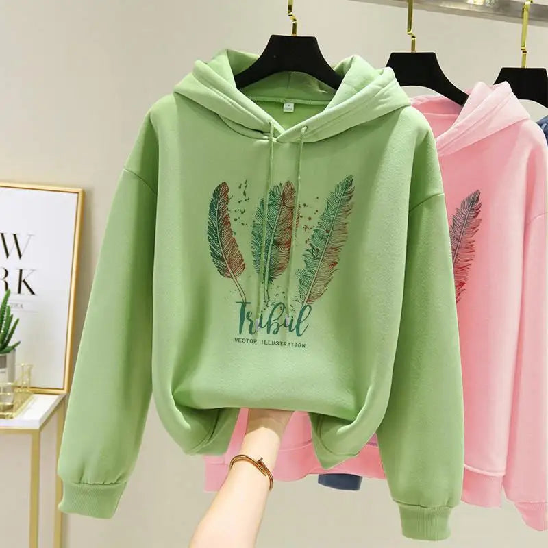 Women’s Feather Printed Hoodie – Autumn/Winter Plus Velvet Loose Sweatshirt