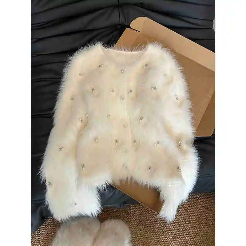 White Imitate Mink Fur Sweater Coats For Women Autumn New Pearl Single Breasted Beading Knitted Cardigans Fashion Warm Tops