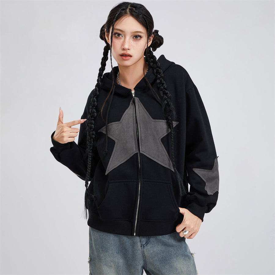 Vintage Star Print Women’s Zip-Up Hoodie – Harajuku Streetwear Outerwear