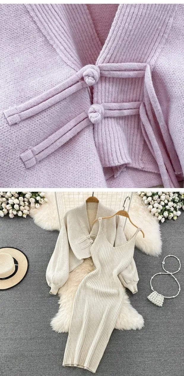 Solid Color Knitwear Set Lace up New Chinese Knitted Cardigan Women Sweater Coat Camisole Dress Two Piece Set Women Outfits
