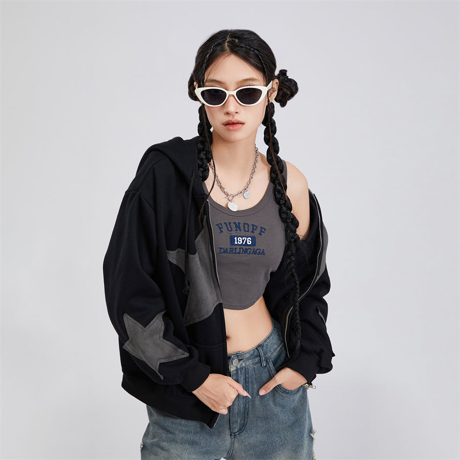 Vintage Star Print Women’s Zip-Up Hoodie – Harajuku Streetwear Outerwear