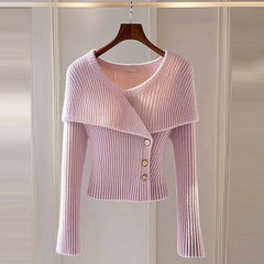2025 Early Autumn New Temperament Solid Color Simple Knitted Sweater Cardigan Long Sleeve Slim Fit Crew Neck Chic Top
