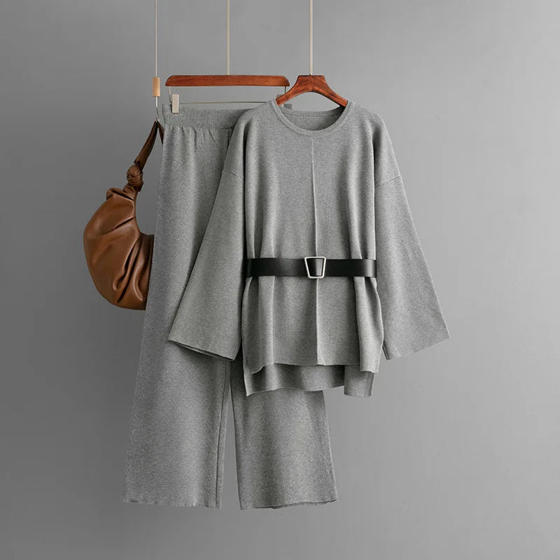 SINGREINY Autumn Fashion Knit Loose Suits Women O Neck Belt Design Pullovers+Wide Legs Long Pants Winter Causal Thick 2PC Set