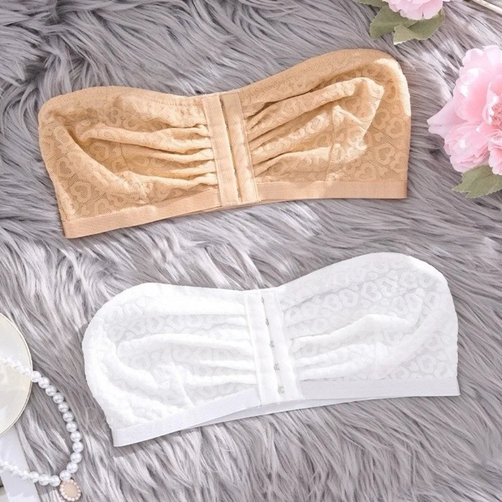 Pleated Front Button Strapless Lace Tube Top – Non-Slip Invisible Bra for Women