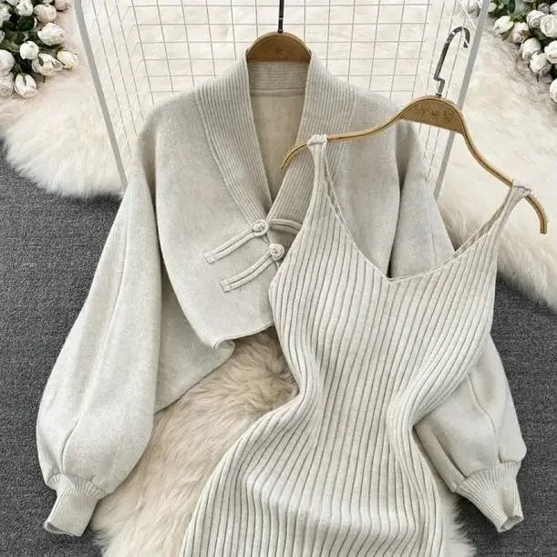 Solid Color Knitwear Set Lace up New Chinese Knitted Cardigan Women Sweater Coat Camisole Dress Two Piece Set Women Outfits