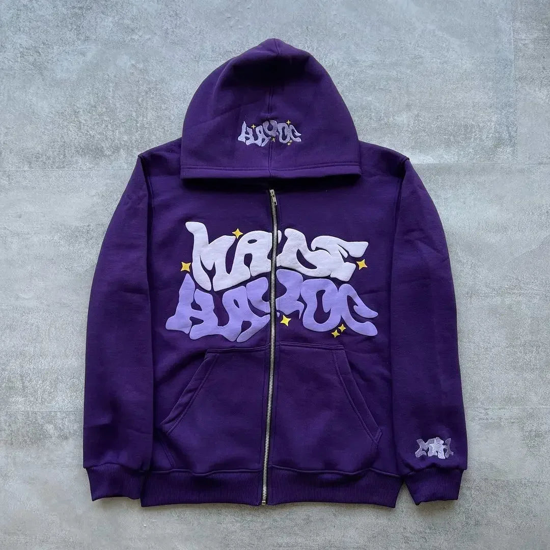 Vintage woman’s Zip-Up Hoodie – Retro Y2K Unisex Oversized Sweatshirt with Foam Letter Design