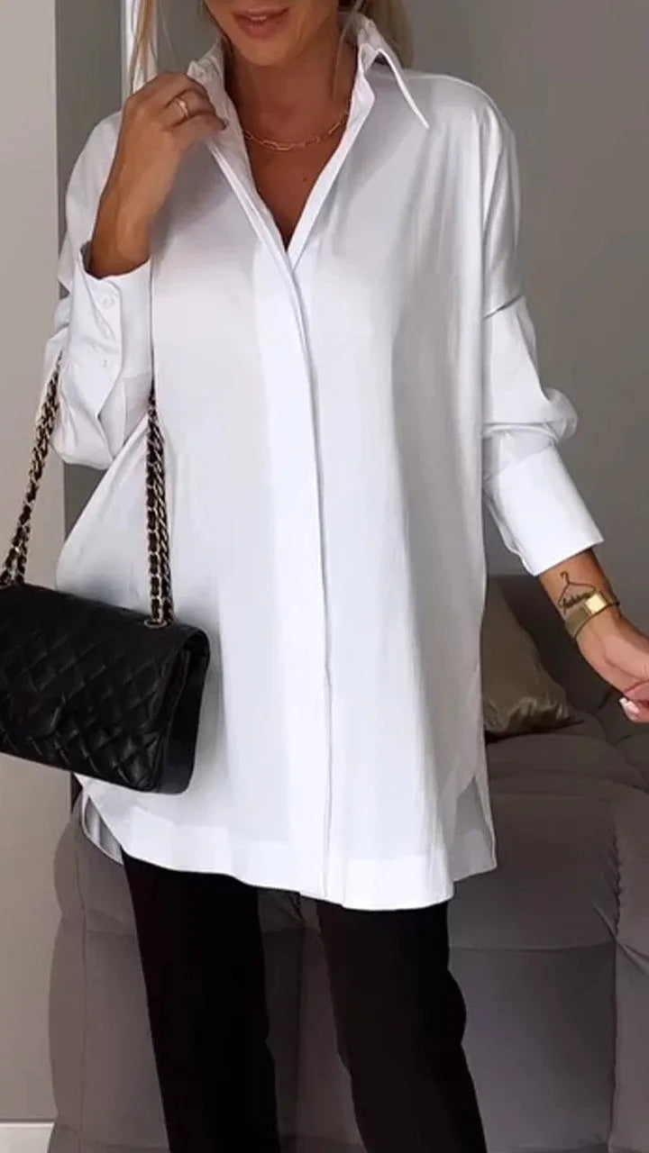 Women’s Loose Button Blouse – Summer Long Sleeve Shirt with Turn Down Collar Tops
