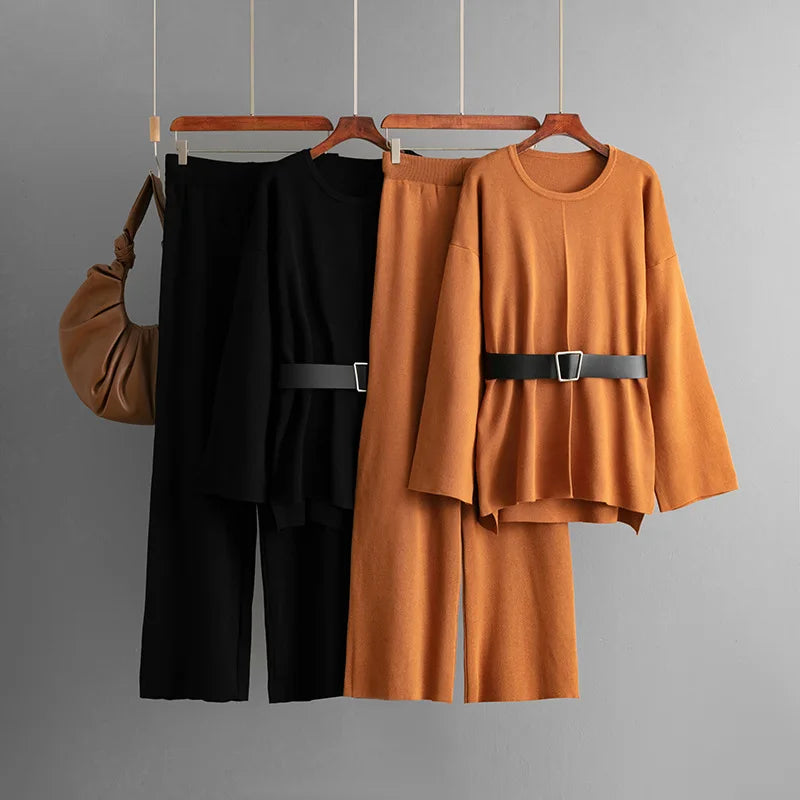 SINGREINY Autumn Fashion Knit Loose Suits Women O Neck Belt Design Pullovers+Wide Legs Long Pants Winter Causal Thick 2PC Set