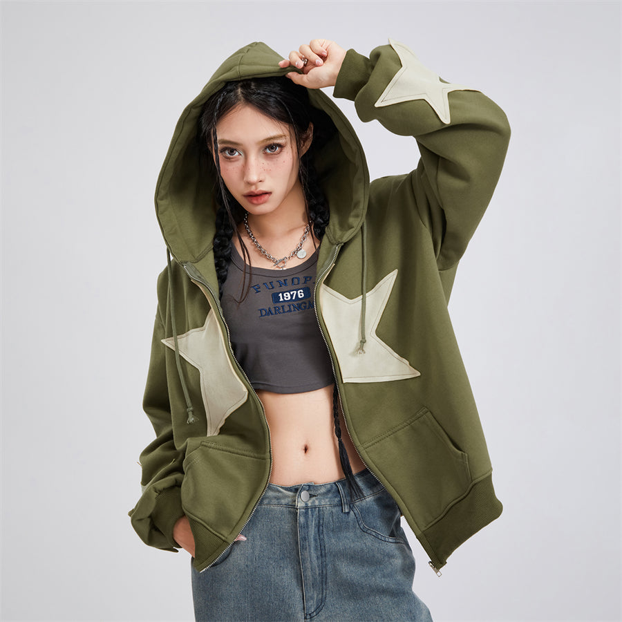 Vintage Star Print Women’s Zip-Up Hoodie – Harajuku Streetwear Outerwear