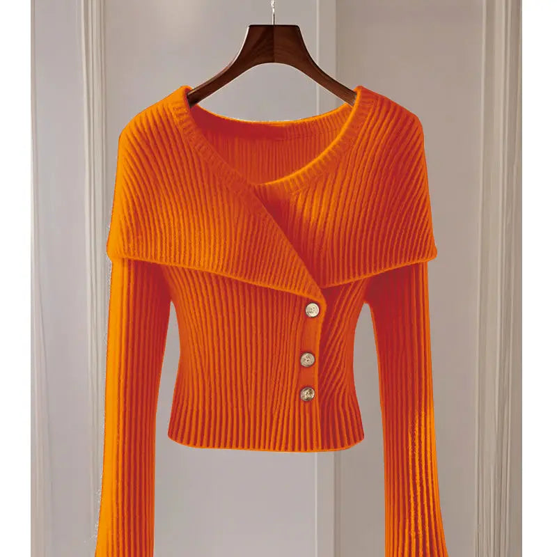 2025 Early Autumn New Temperament Solid Color Simple Knitted Sweater Cardigan Long Sleeve Slim Fit Crew Neck Chic Top