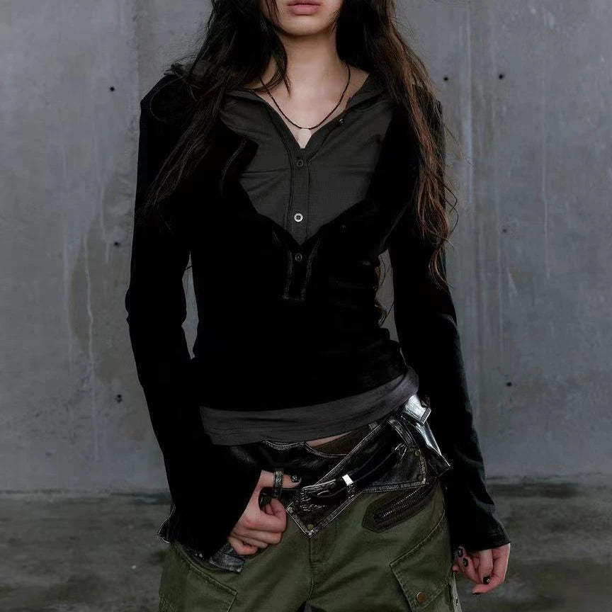Y2k Aesthetic Fake Two Pieces Women T-shirt  Gothic Punk Vintage Casual Hooded Tshirts Grunge Letter Print Slim Fit Tees Femme