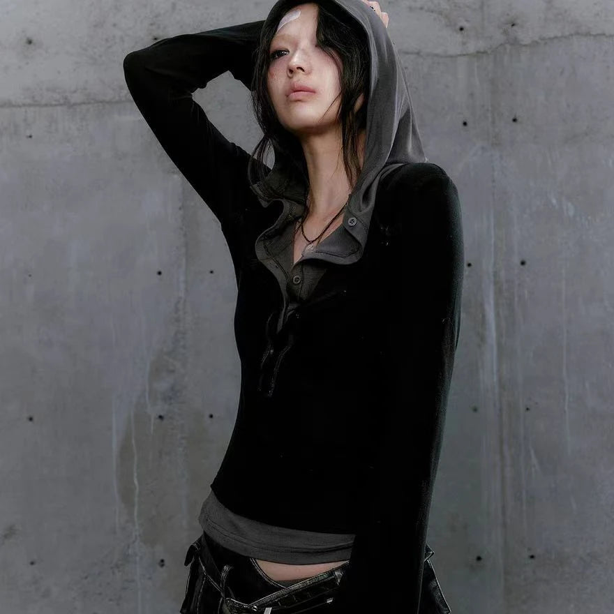 Y2k Aesthetic Fake Two Pieces Women T-shirt  Gothic Punk Vintage Casual Hooded Tshirts Grunge Letter Print Slim Fit Tees Femme