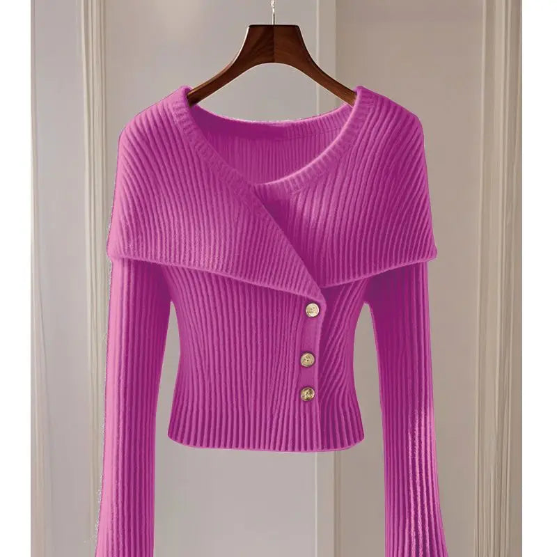 2025 Early Autumn New Temperament Solid Color Simple Knitted Sweater Cardigan Long Sleeve Slim Fit Crew Neck Chic Top