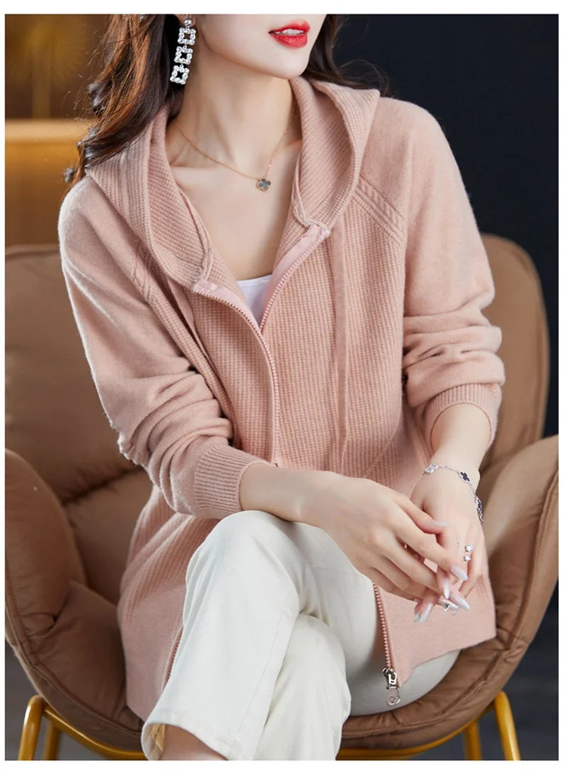 Women Knitted Sweater Cardigan Jacket 2025 New Solid Hooded Zipper Sweater Coat Female Knitwear Casual Tops Female Jackets