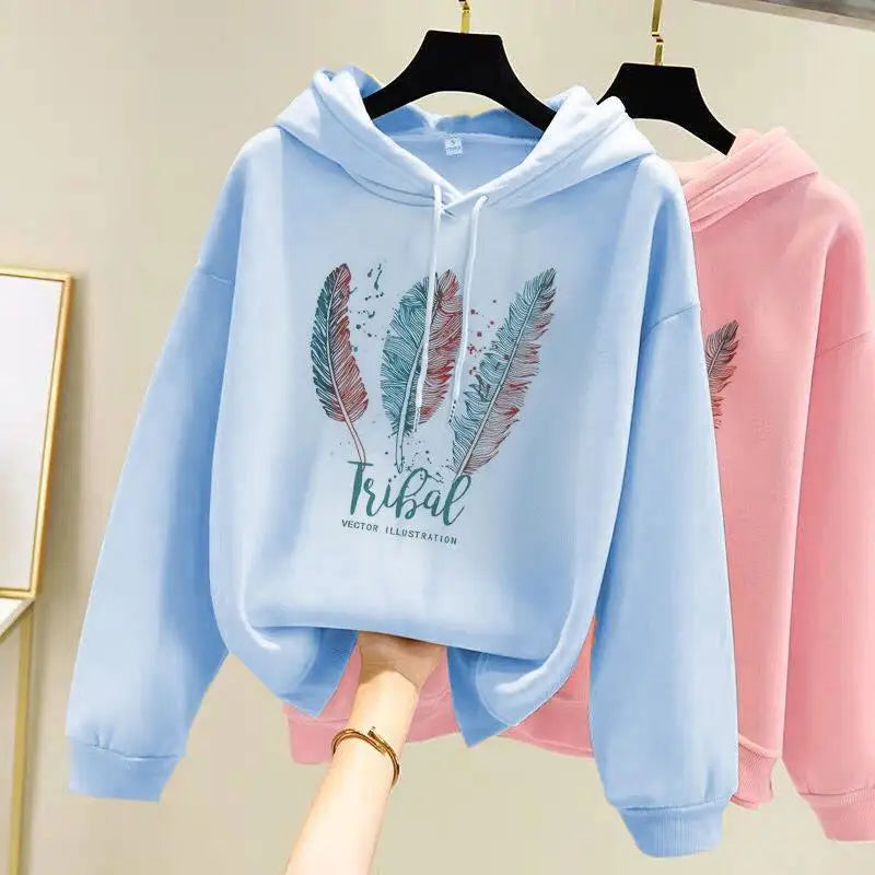 Women’s Feather Printed Hoodie – Autumn/Winter Plus Velvet Loose Sweatshirt