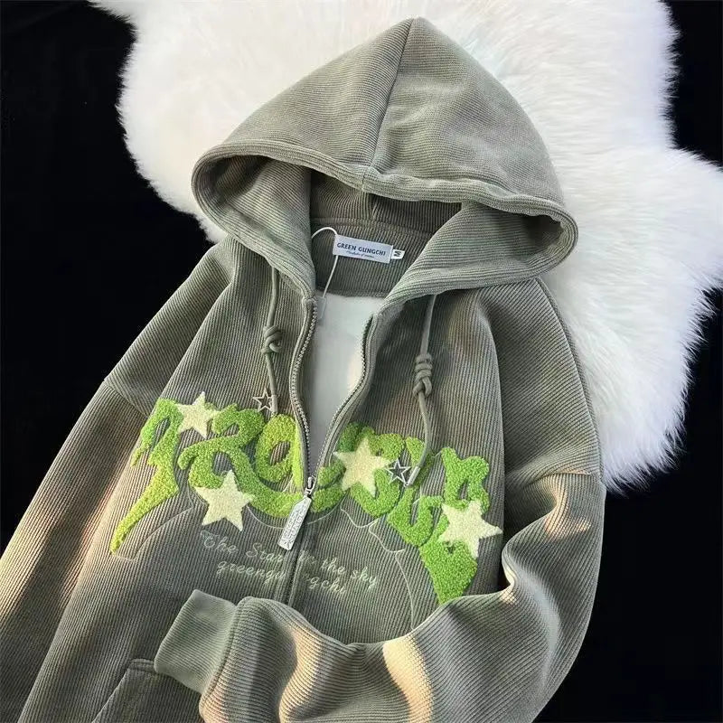 Y2k Zip Up Hoodie Women Autumn Retro Embroidered Letter Loose Long Sleeve Tops 2025 Casual Hooded Sweatshirts Harajuku Jackets