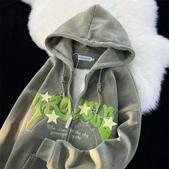 Y2k Zip Up Hoodie Women Autumn Retro Embroidered Letter Loose Long Sleeve Tops 2025 Casual Hooded Sweatshirts Harajuku Jackets