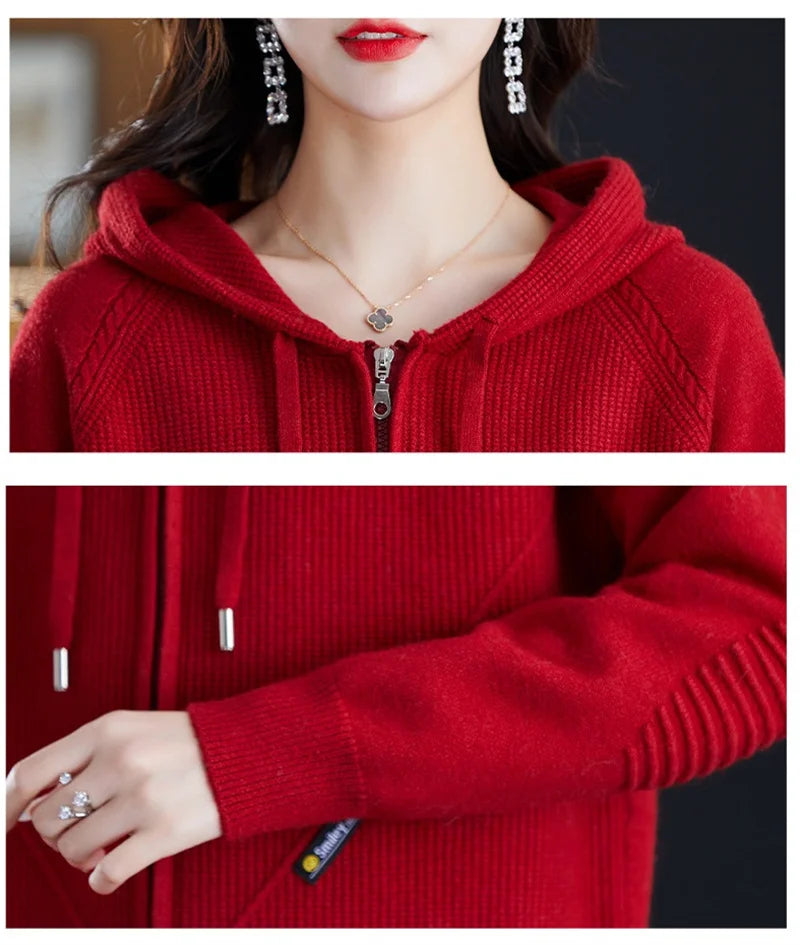 Women Knitted Sweater Cardigan Jacket 2025 New Solid Hooded Zipper Sweater Coat Female Knitwear Casual Tops Female Jackets