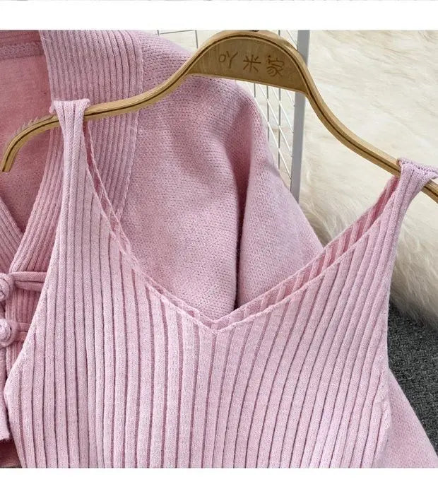 Solid Color Knitwear Set Lace up New Chinese Knitted Cardigan Women Sweater Coat Camisole Dress Two Piece Set Women Outfits