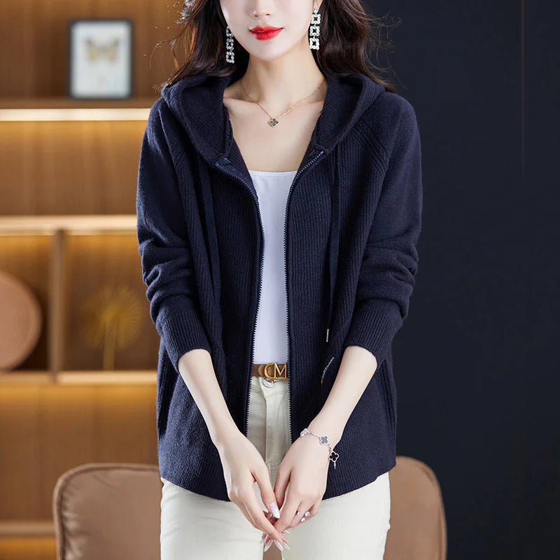 Women Knitted Sweater Cardigan Jacket 2025 New Solid Hooded Zipper Sweater Coat Female Knitwear Casual Tops Female Jackets