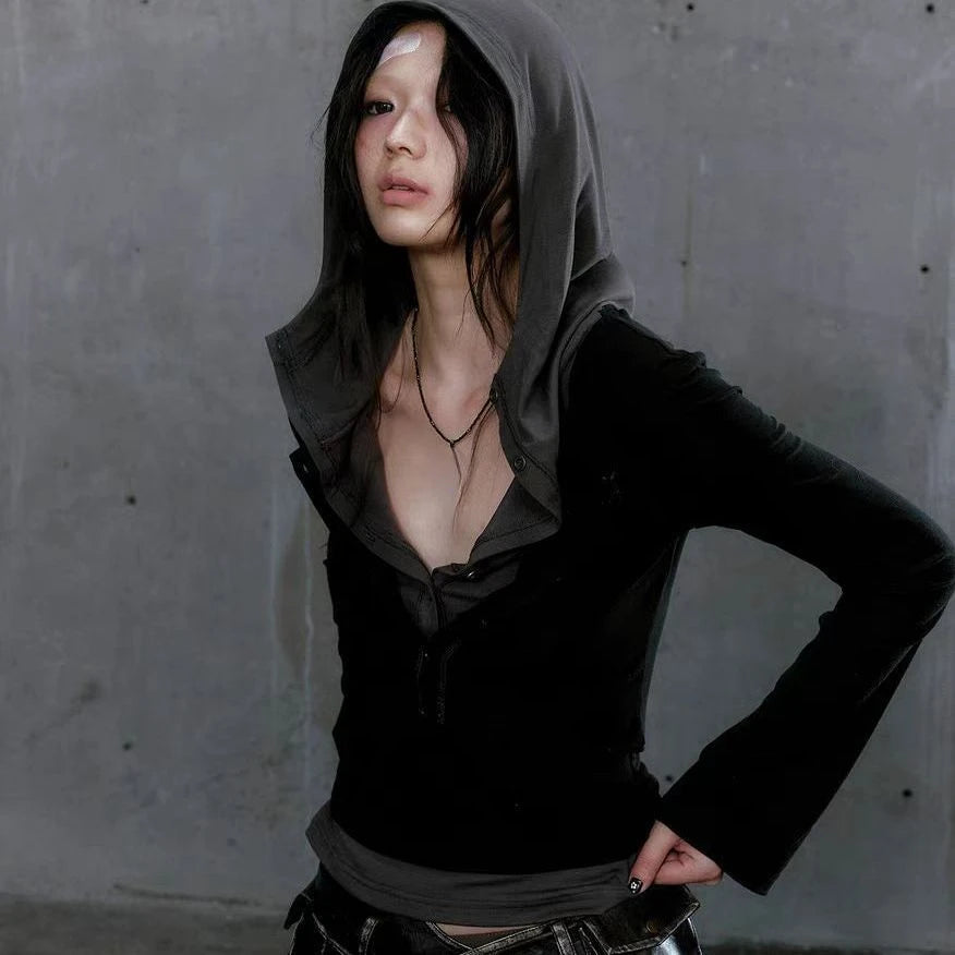 Y2k Aesthetic Fake Two Pieces Women T-shirt  Gothic Punk Vintage Casual Hooded Tshirts Grunge Letter Print Slim Fit Tees Femme