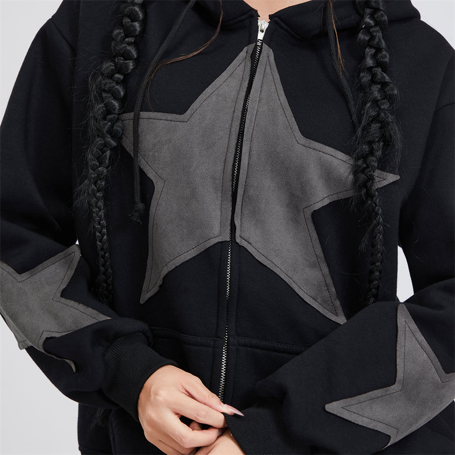 Vintage Star Print Women’s Zip-Up Hoodie – Harajuku Streetwear Outerwear
