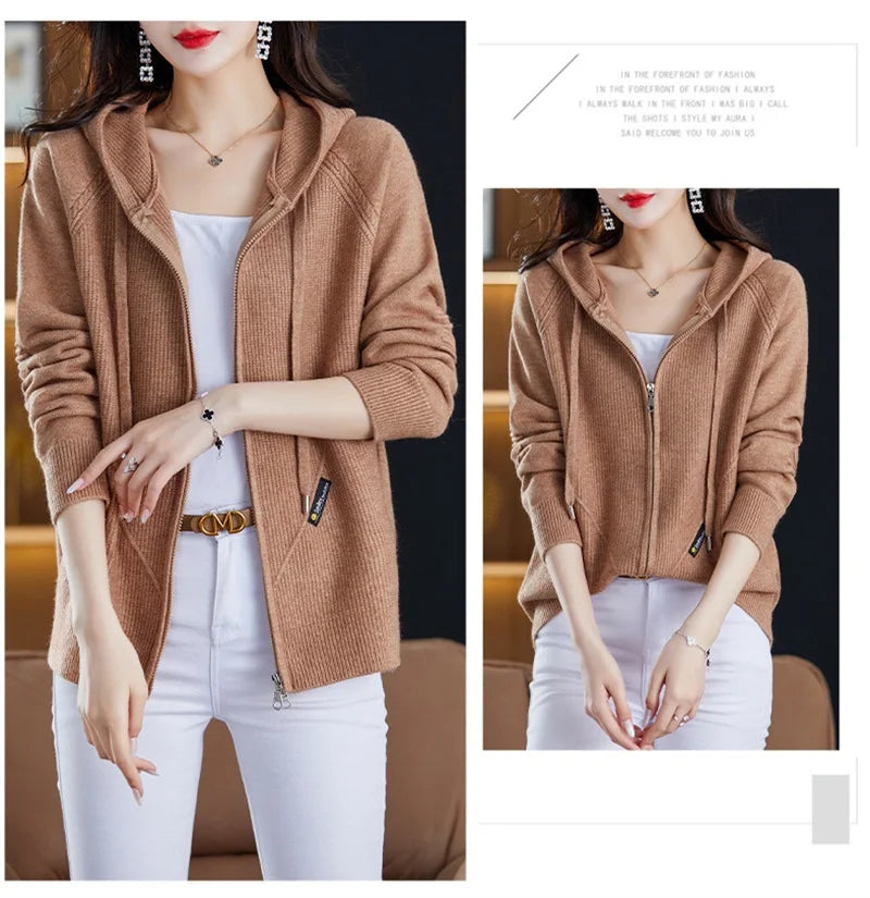 Women Knitted Sweater Cardigan Jacket 2025 New Solid Hooded Zipper Sweater Coat Female Knitwear Casual Tops Female Jackets