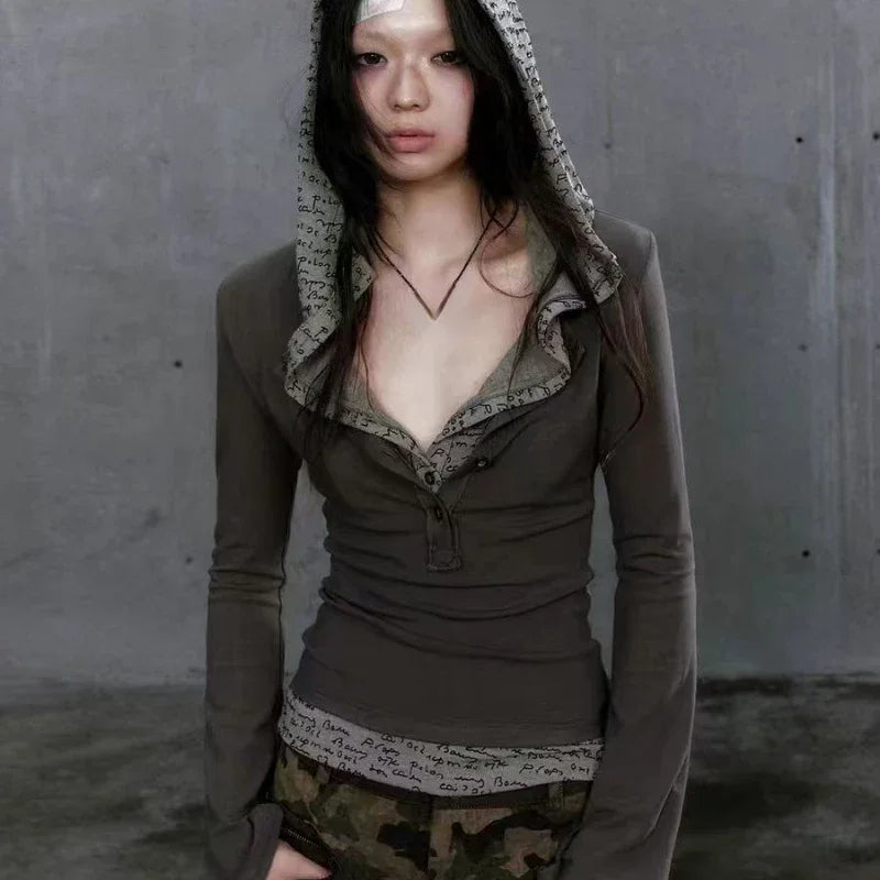 Y2k Aesthetic Fake Two Pieces Women T-shirt  Gothic Punk Vintage Casual Hooded Tshirts Grunge Letter Print Slim Fit Tees Femme